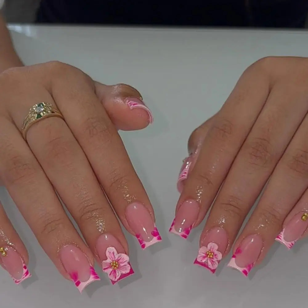 Long Ballerina Press-On Nails – Pink Flowers & French Tips Press-On Nails QXL