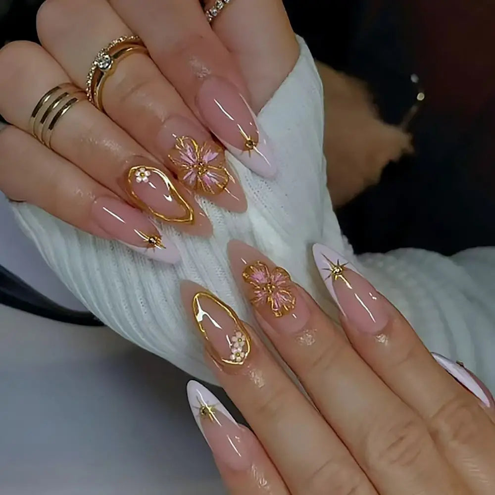 Gold Flower French False Nails | Sun Moon Full Cover Tips 24/30-Pc Press-On False Nails QXL