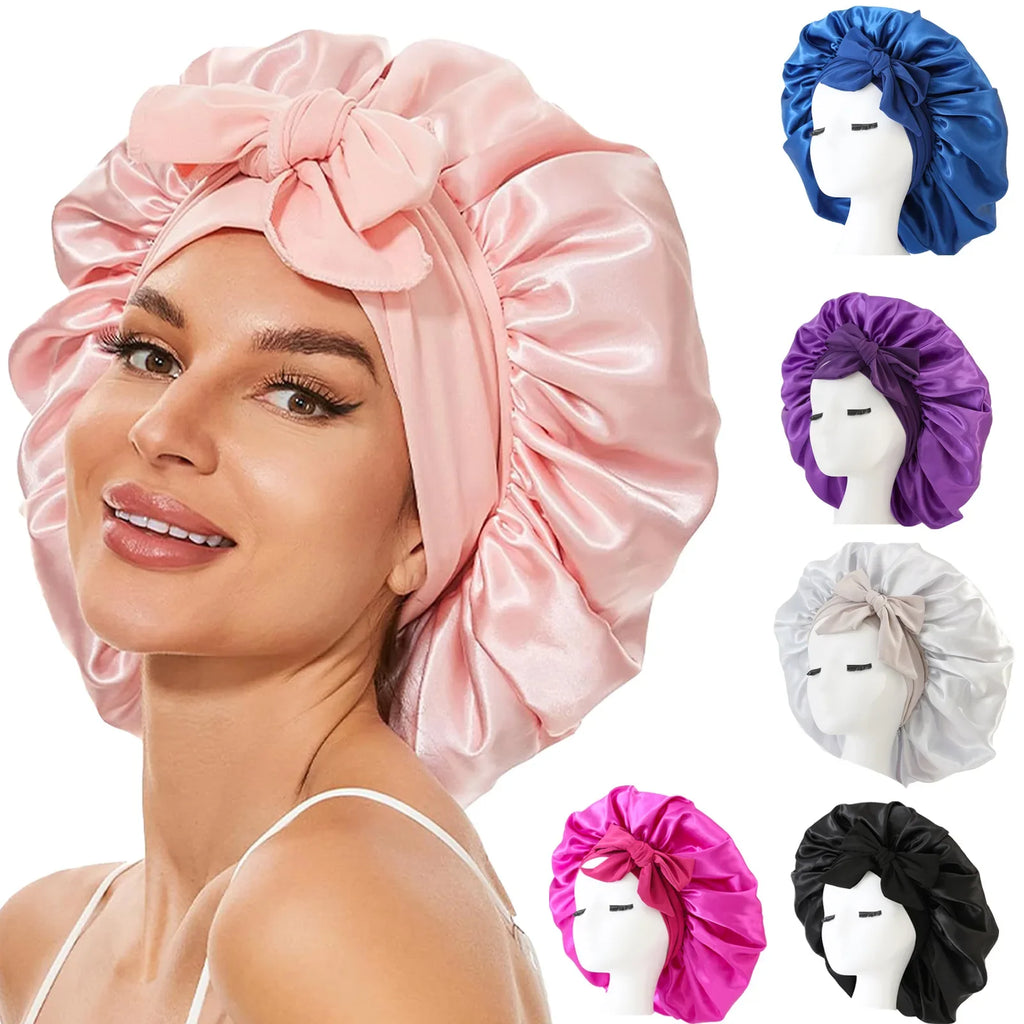 Women's Satin Sleep Bonnet | Wide Edge Two-Tail Hair Hat Satin Sleep Bonnet QXL