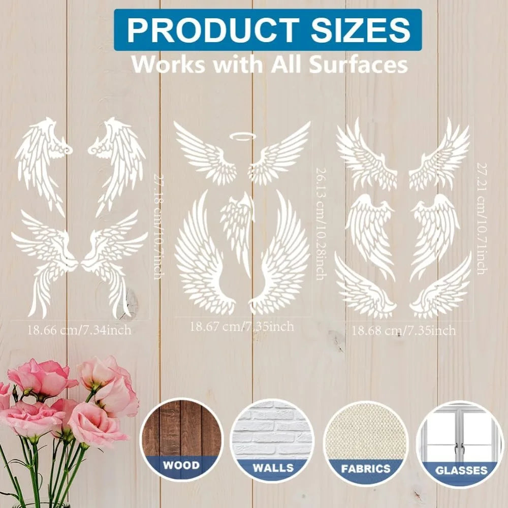 Angel Wings Painting Stencils 3-Pack + Brush | Reusable PET Craft Stencil Set QXL