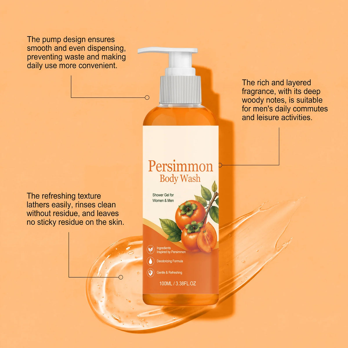 Persimmon Body Wash Shower Gel – Deodorizing, All Skin Types Body Wash Shower Gel QXL