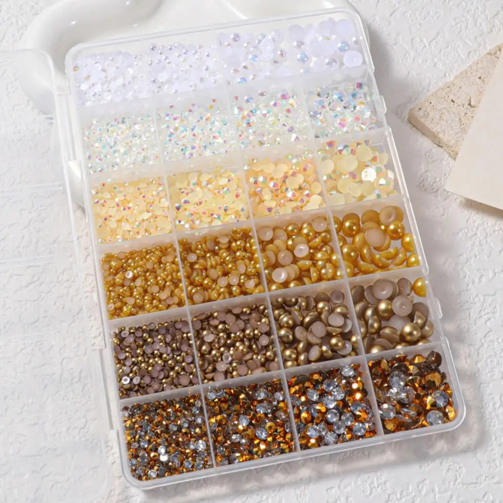 Flatback Pearls & Rhinestones Kit 3–8mm | 24-Grid Mixed Gems Nail Art Rhinestone Kit QXL