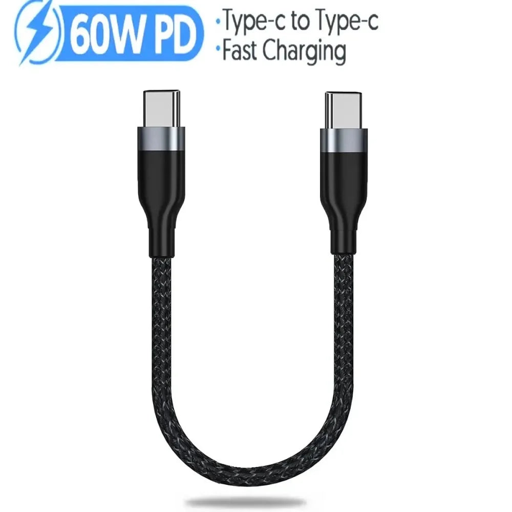 60W USB-C Fast Charging Cable 0.25M Braided Short Cord USB-C Charging Cable QXL