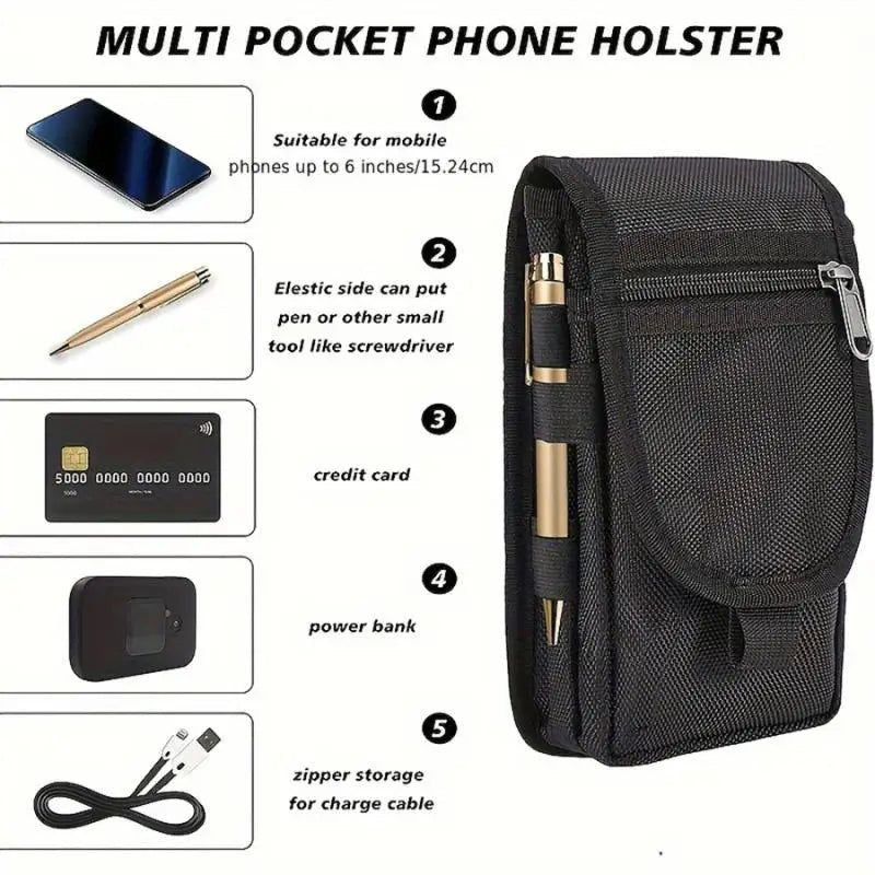 Casual Oxford Cloth Phone Waist Bag with Pen Slot | Black Phone Waist Bag QXL