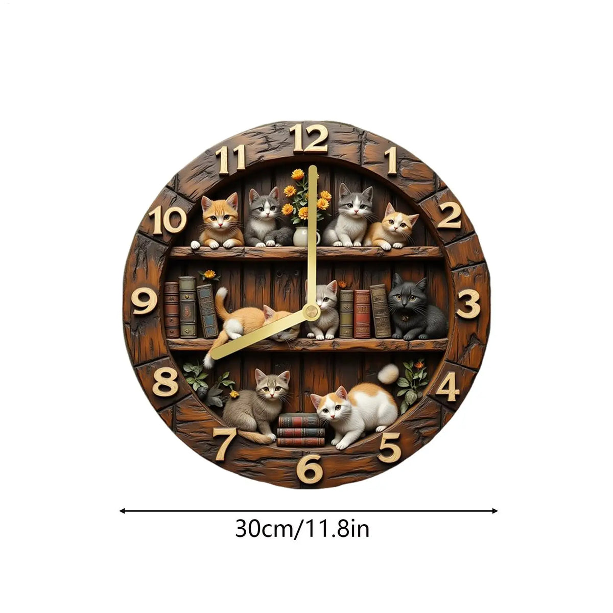 11.81" Cat Theme Wooden Wall Clock | Silent Sweep Movement Decorative Wall Clock QXL