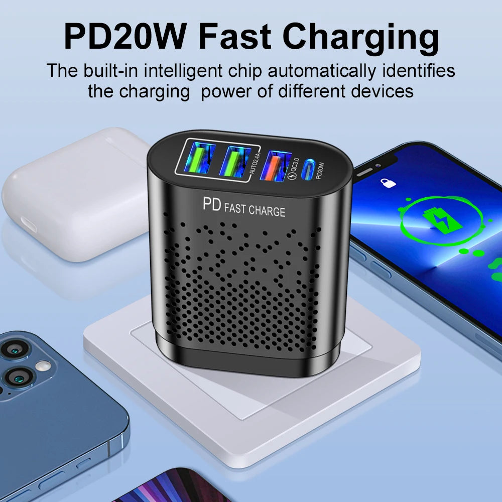 4-Port USB-C Wall Charger PD 20W & Quick Charge 3.0 USB Wall Charger QXL