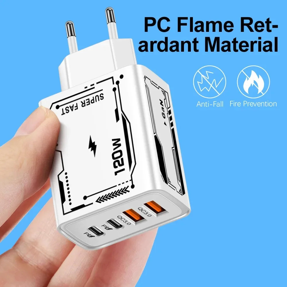120W USB-C Wall Charger 4-Port QC 3.0 Fast Charging Adapter USB-C Wall Charger QXL