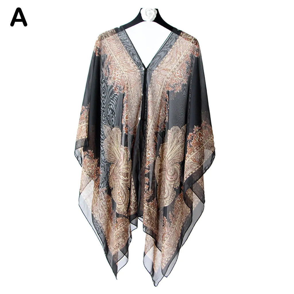 Women's Chiffon Beach Shawl & Bikini Cover Up | Boho Floral Beach Cover Up QXL Black