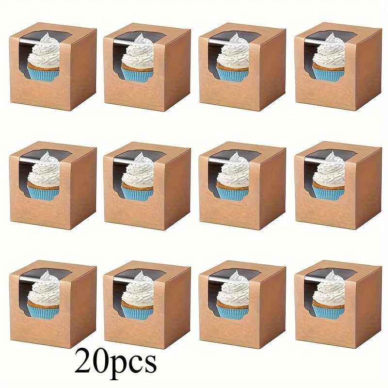 20-Pack Paper Cupcake Boxes with Clear Window | Muffin Packaging Baking Packaging Box QXL Brown