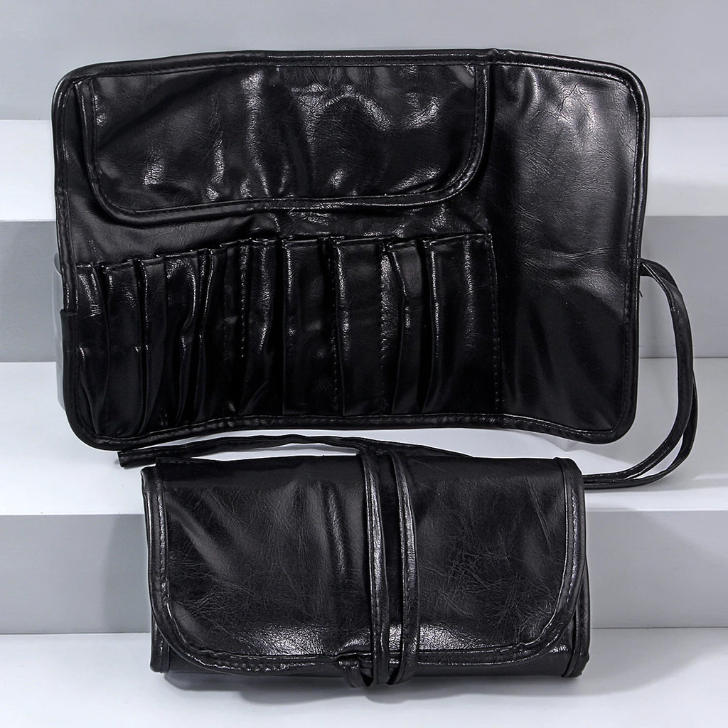 KOSSHOW Black PU Makeup Brush Roll Bag | Foldable Organizer Makeup Brush Bag QXL
