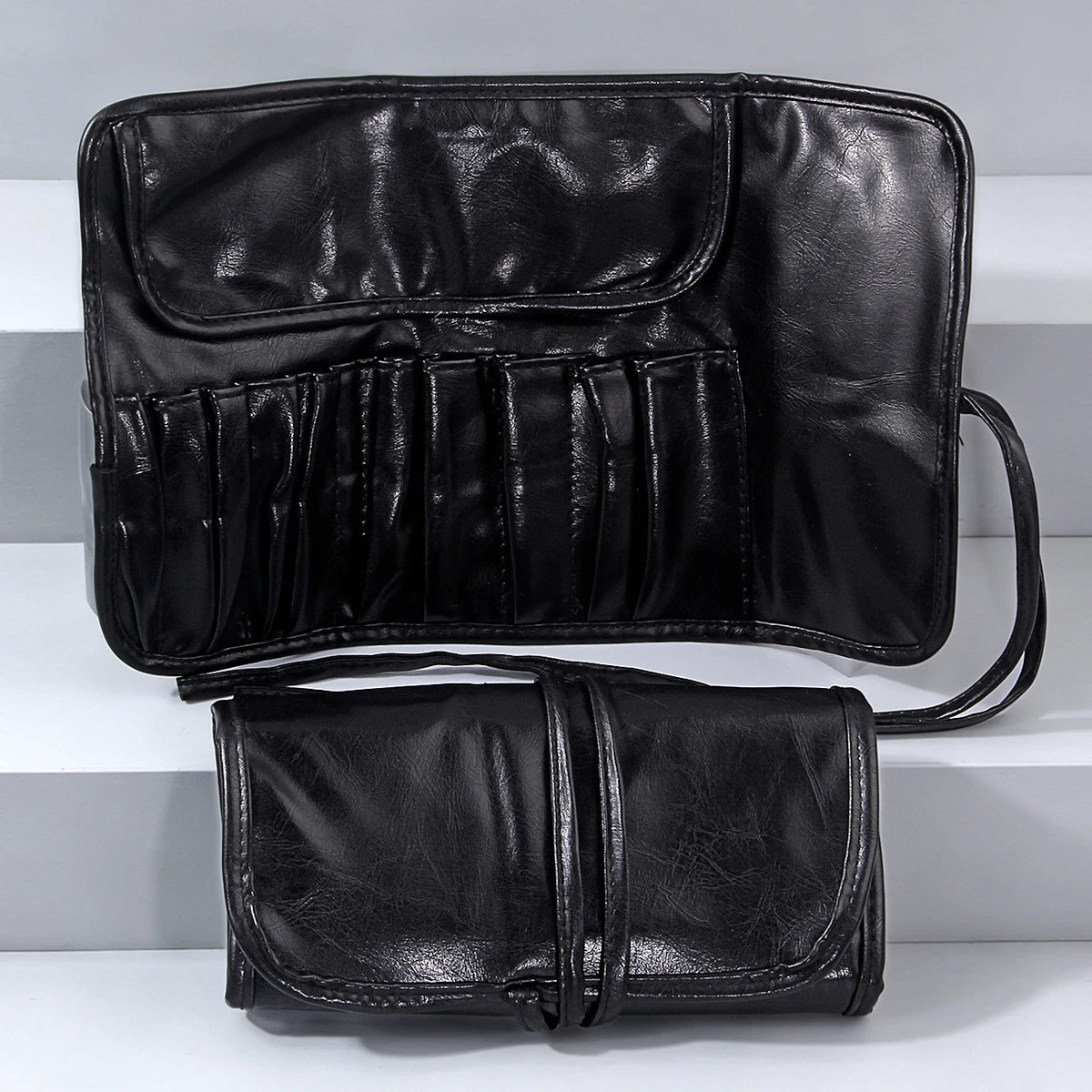 KOSSHOW Black PU Makeup Brush Roll Bag | Foldable Organizer Makeup Brush Bag QXL