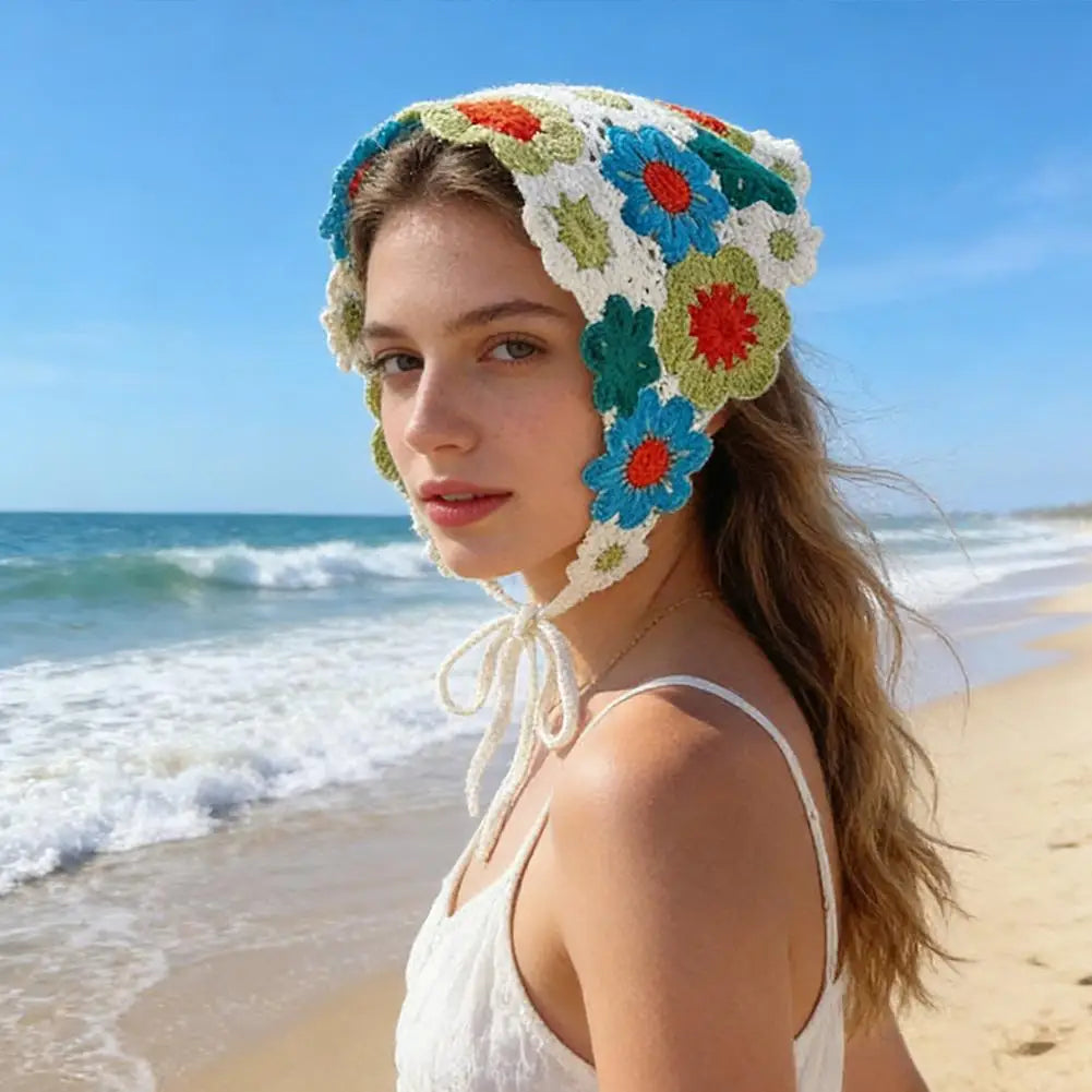 Boho Crochet Triangle Headscarf | Floral Mesh Beach Headband Triangle Headscarf QXL