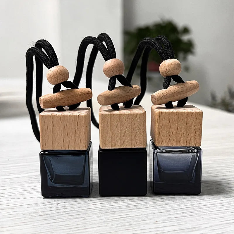 8ml Black Glass Car Aroma Bottle | Wooden Cap & Belt Hanger Car Aroma Diffuser Bottle QXL