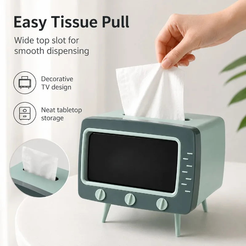 Retro TV Tissue Box Holder with Phone Stand | Desktop Decor Tissue Box Holder QXL