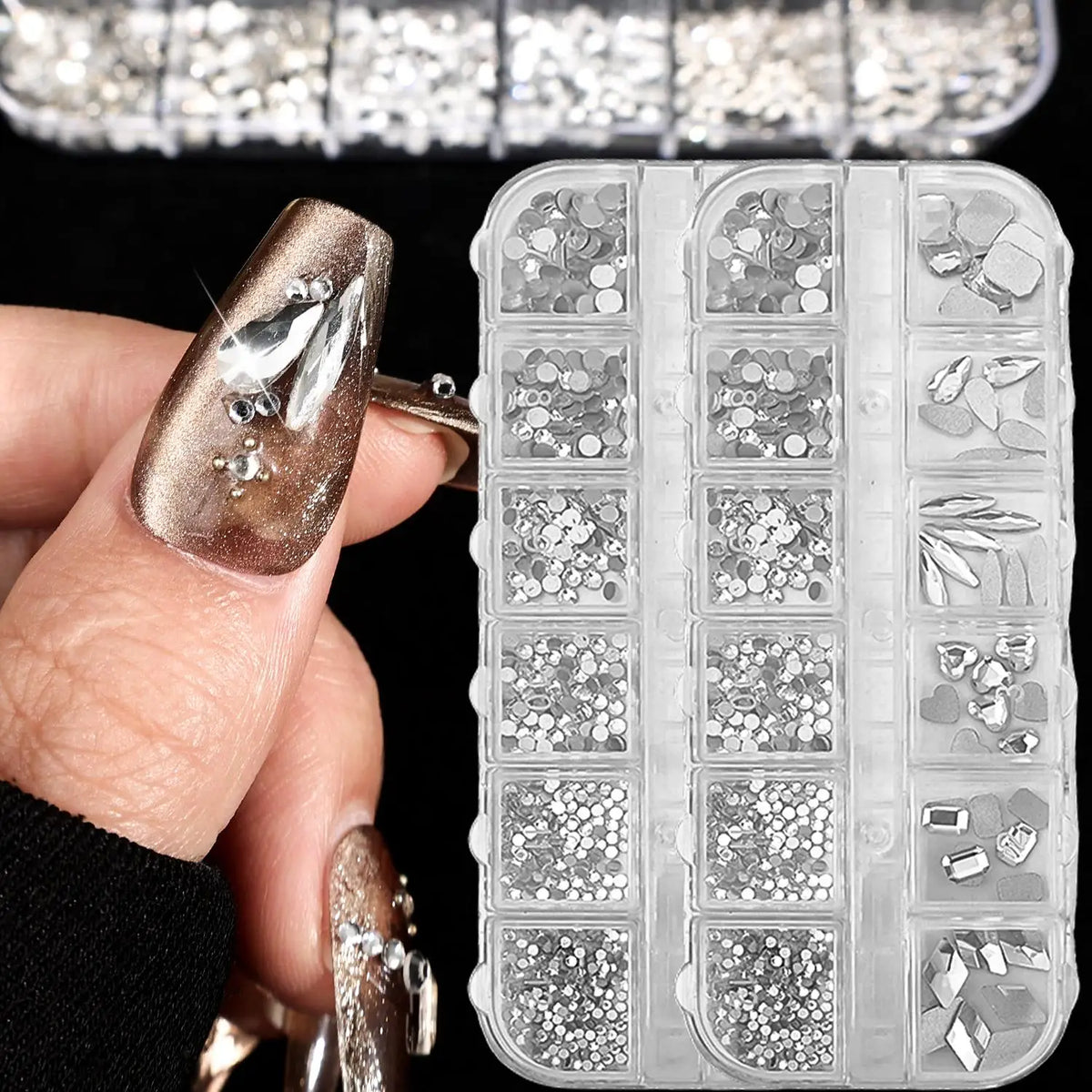 12-Grid Mixed Shape Nail Art Rhinestones | Crystal Flat-Base Nail Art Rhinestones QXL