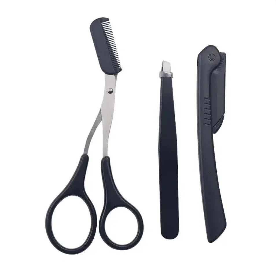 3-Pc Stainless Steel Eyebrow Trimmer Set | Scissors, Comb & Tweezer Eyebrow Grooming Set QXL 3PCs