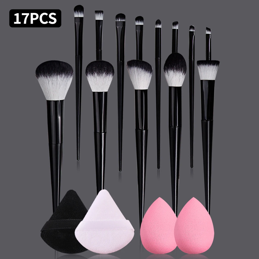 17-Pc Black Makeup Brush Set with Sponges & Powder Puffs Makeup Brush Set QXL