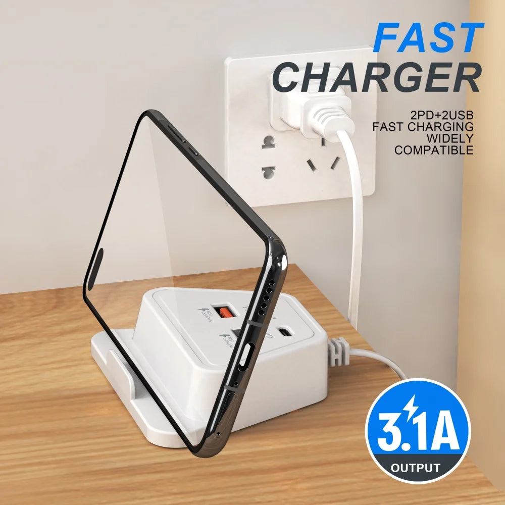 4-Port USB-C Fast Charger Power Strip with Phone Stand USB-C Charging Station QXL