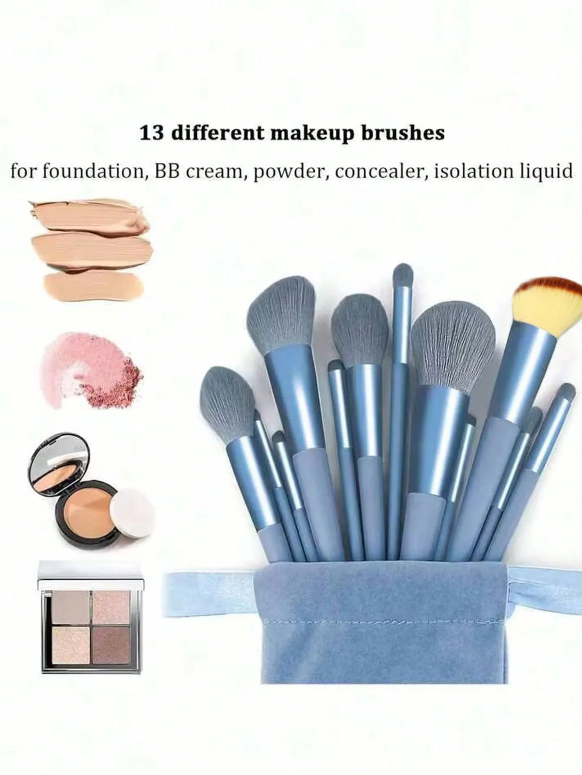 13-Piece Blue Makeup Brush Set with Sponge & Powder Puff Makeup Brush Set QXL