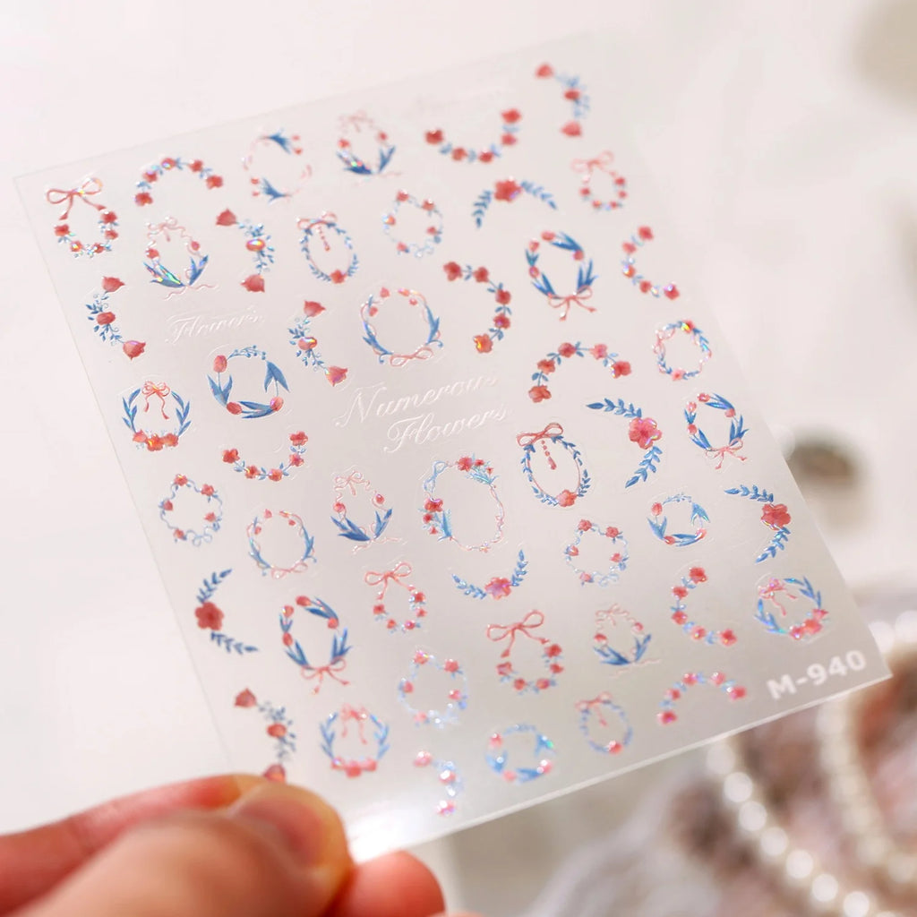 5D Watercolor Wreath Nail Stickers | Holographic Floral Decals Nail Art Stickers QXL