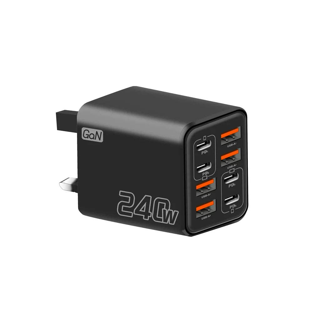 240W 8-Port USB-C PD QC 3.0 Fast Charger | Multi-Device Multi-Port USB Charger QXL Black UK