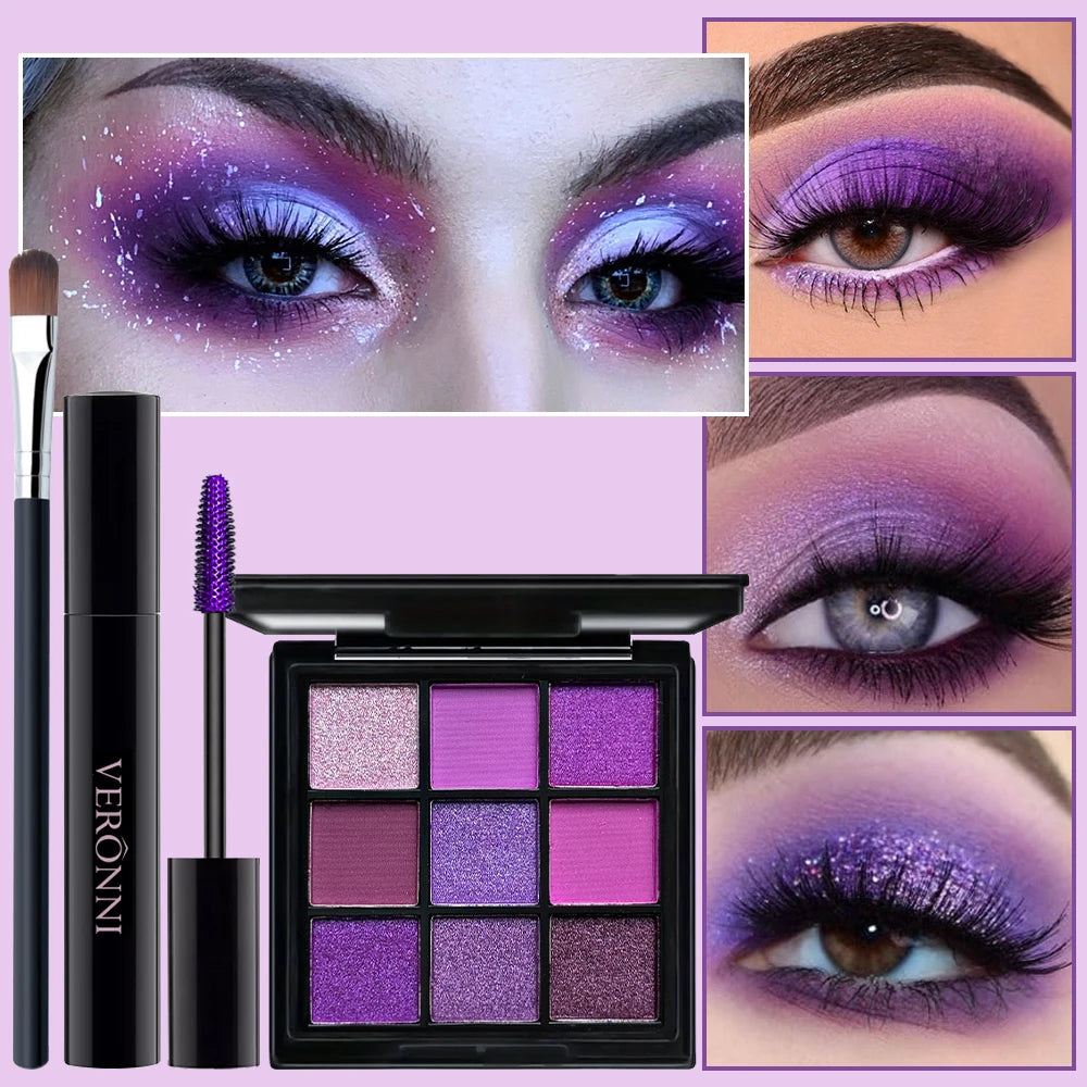 9-Shade Purple Eyeshadow Palette, Mascara & Brush Set Eye Makeup Set QXL