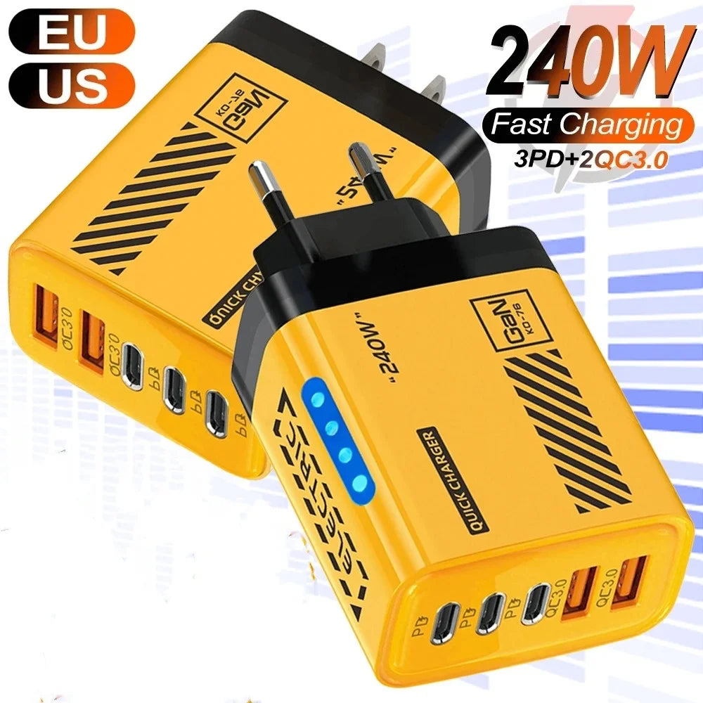 240W GaN 5-in-1 Multi-Port USB-C Desktop Fast Charger + LED Multi-Port USB Charger QXL