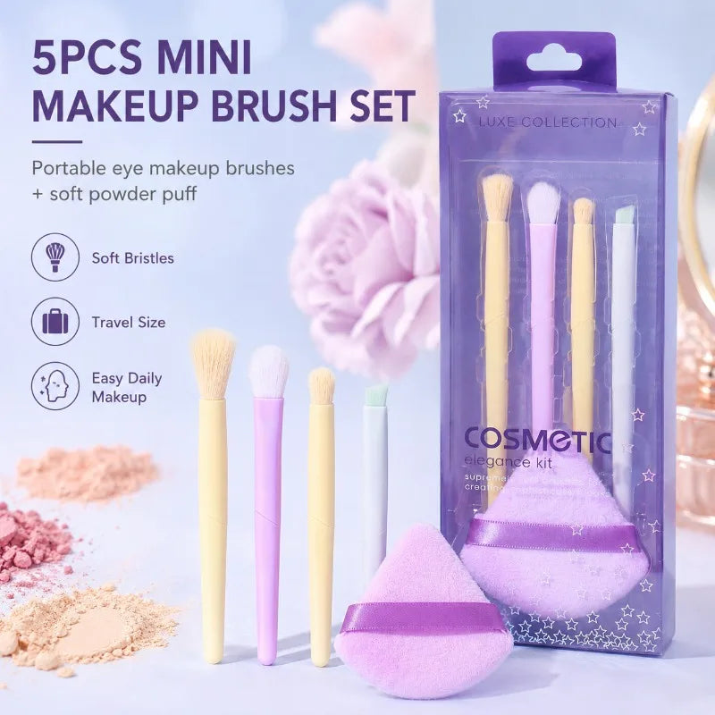 5-Pc Macaron Mini Eye Brush Set with Velour Powder Puff Mini Makeup Brush Set QXL