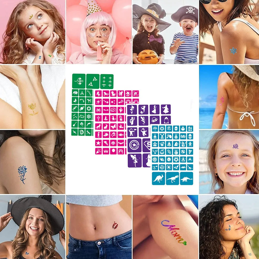 Temporary Glitter Tattoo Kit – Face & Body Art with Stencils Temporary Glitter Tattoo Kit QXL