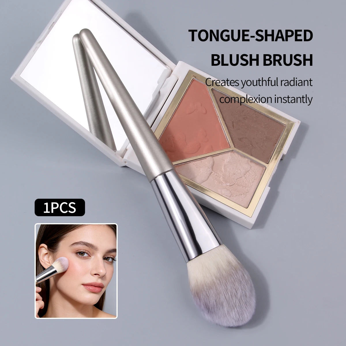 KOSSHOW Tongue-Shaped Blush Powder Brush – Silver Handle Blush Makeup Brush QXL