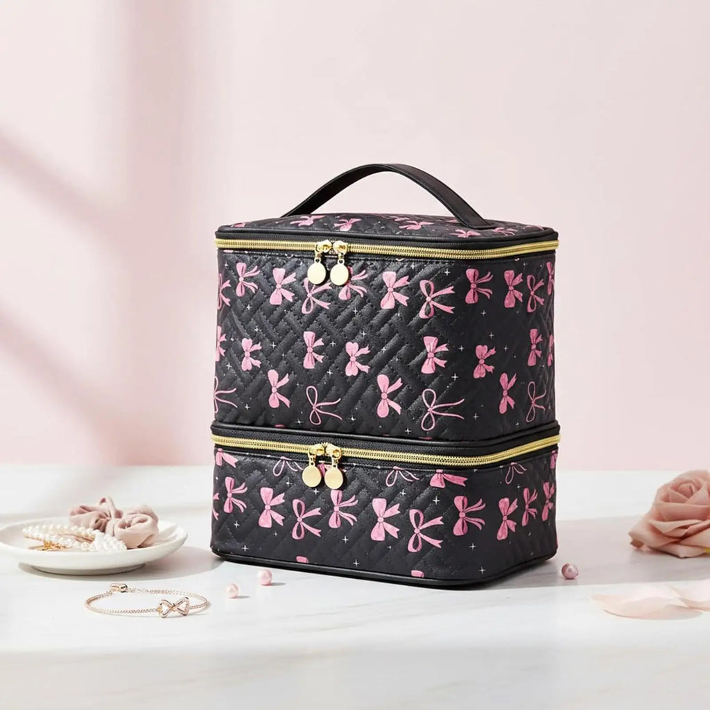 Nail Organizer Case Black Bow | Multi-Compartment Makeup Bag Nail Organizer Case QXL