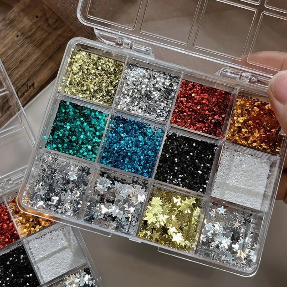 12-Grid Nail Art Sequins Kit | Glitter Flakes Stars & Dots Nail Art Glitter Set QXL