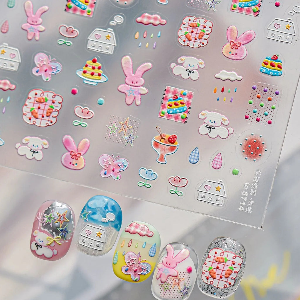 5D Embossed Kawaii Nail Stickers | Cartoon Nail Art Decals Nail Art Stickers QXL