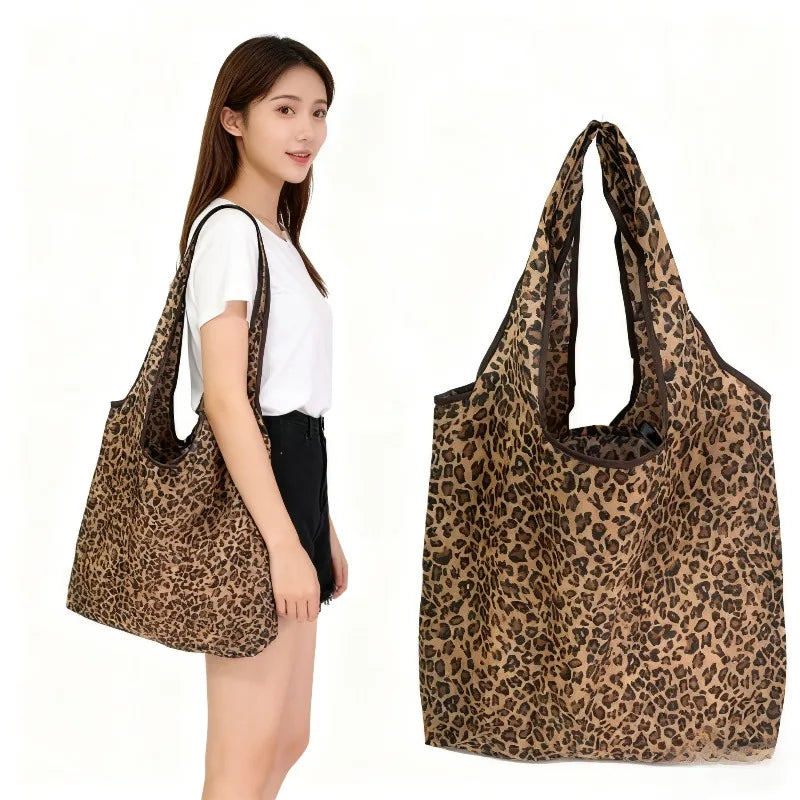Leopard Print Foldable Tote Bag | Lightweight Leak-Proof Polyester Foldable Tote Bag QXL