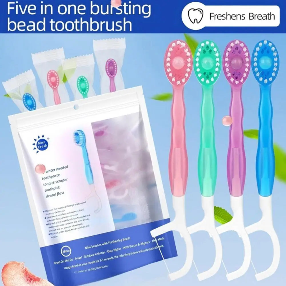 5-in-1 Disposable Travel Toothbrush | Mint Bead, Floss & Pick Disposable Travel Toothbrush QXL