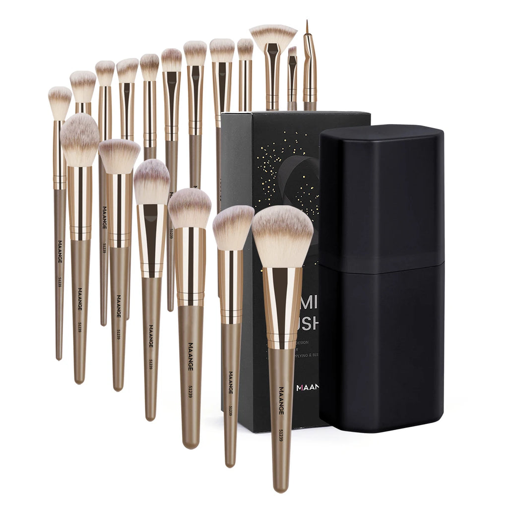 MAANGE 18-Pc Makeup Brush Set | Gift Box & Storage Case Makeup Brush Set QXL Khaki