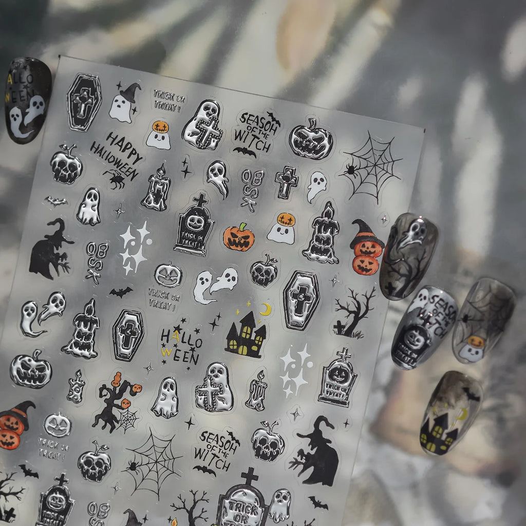Halloween 5D Nail Stickers | Ghost Witch Pumpkin Skeleton Decals Nail Art Stickers QXL