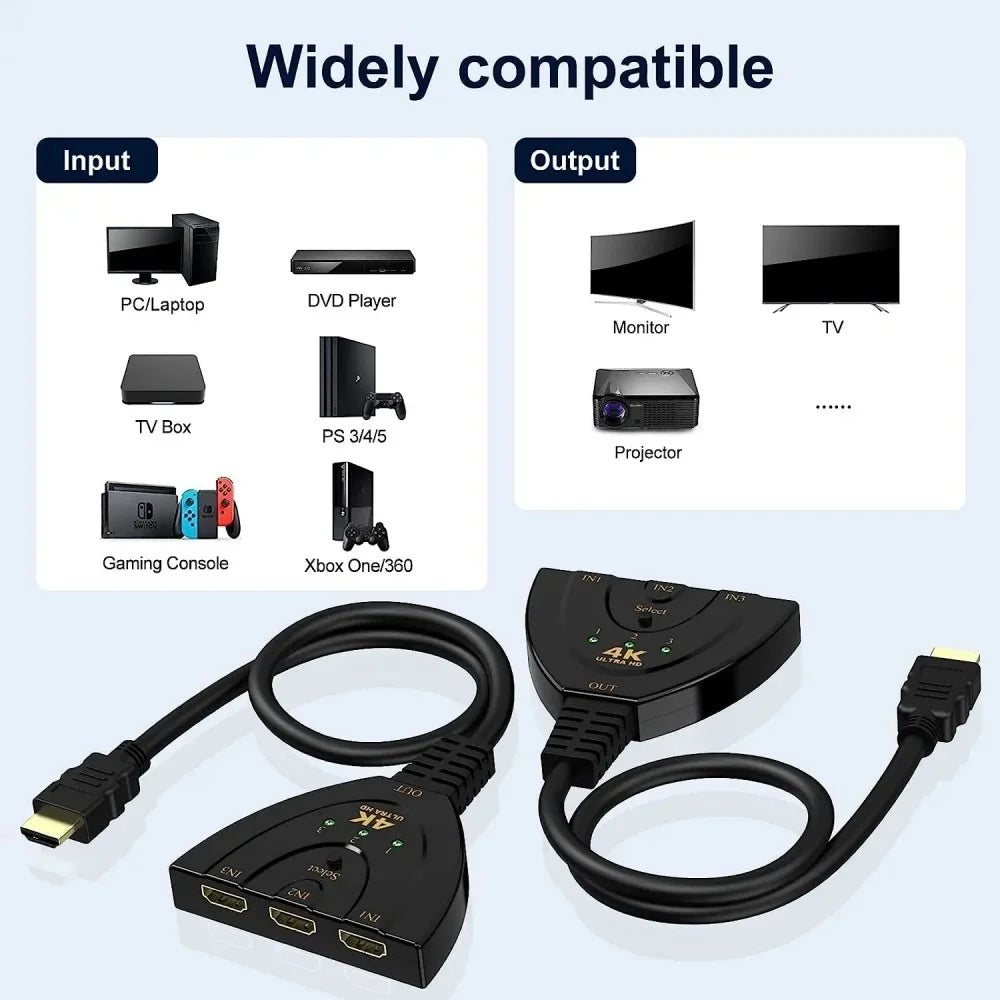 4K HDMI Switch 3-In 1-Out | PS4 PS5 Xbox PC TV Switcher HDMI Switch QXL