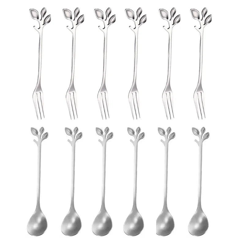 12-Pc Leaf Stainless Steel Fruit Fork & Dessert Spoon Set Dessert Flatware Set QXL 12PCS
