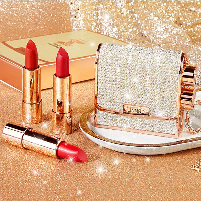 VERONNI 3-Pc Velvet Lipstick Set with Chain Bag | Long-Lasting Lipstick Gift Set QXL