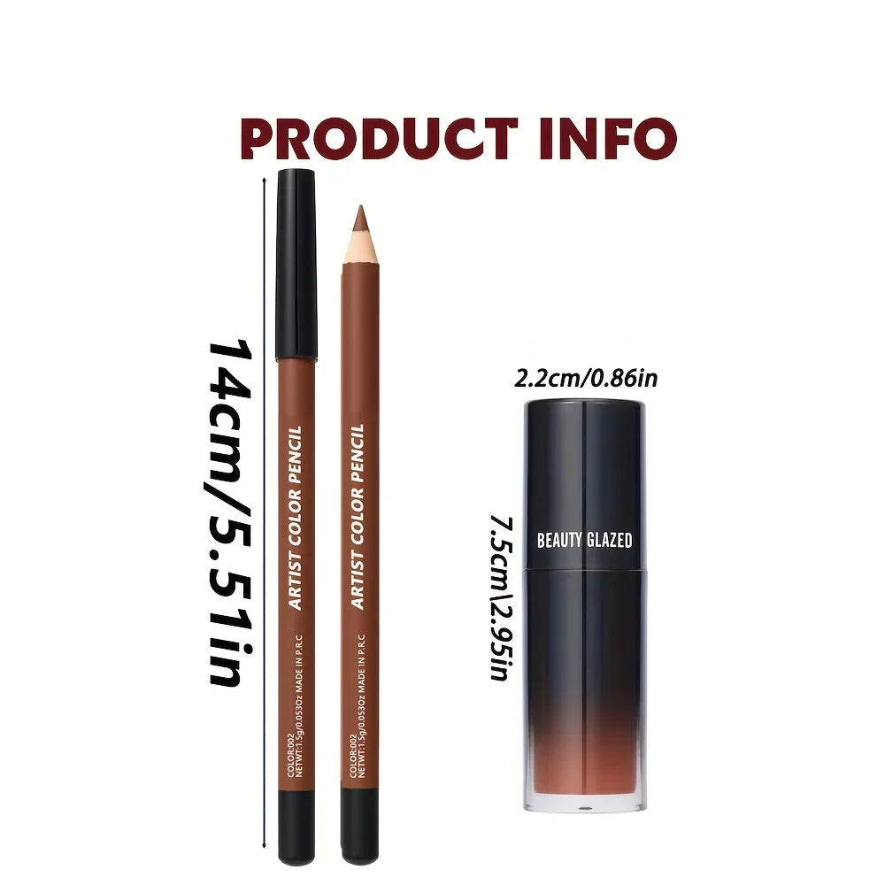 2-Pc Matte Lip Liner & Lip Oil Combo | Waterproof Brown Tinted Lip Liner & Lip Oil Set QXL