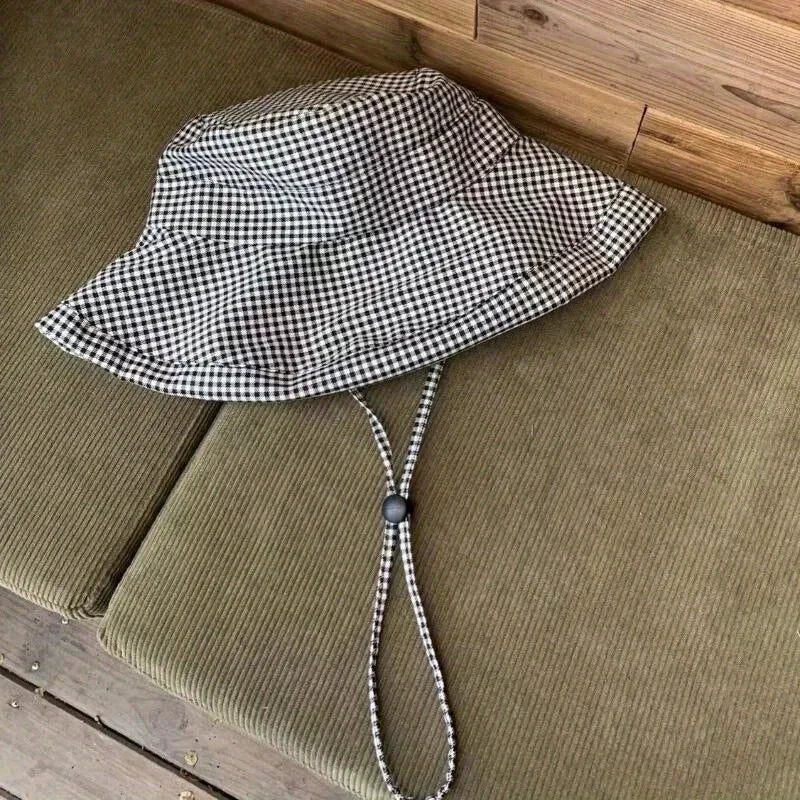 Women's Houndstooth Wide Brim Bucket Hat | Summer Beach Sun Hat Wide Brim Bucket Hat QXL