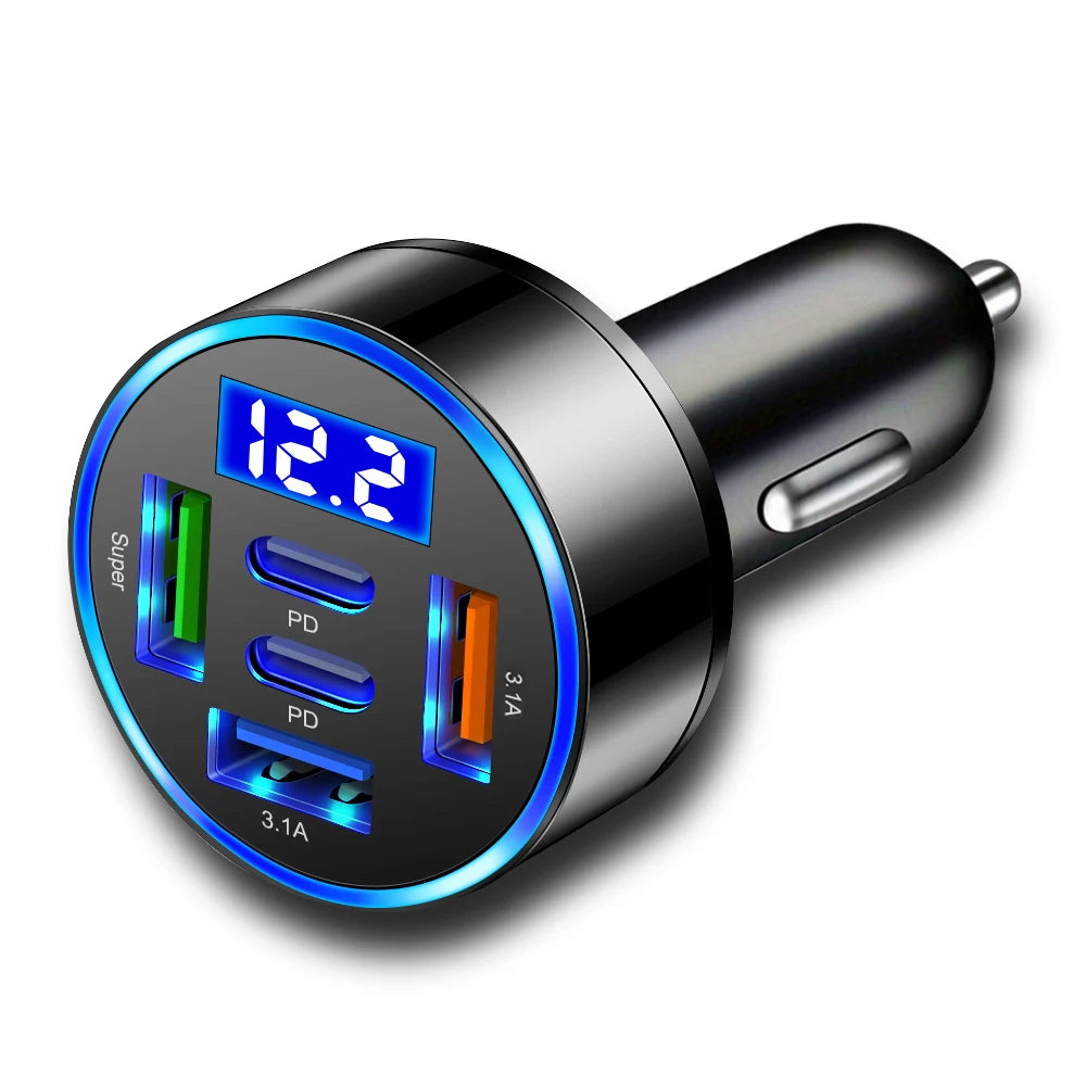 250W 5-Port Car Charger PD QC3.0 USB-C & LED Display Car Charger Adapter QXL With LED Light