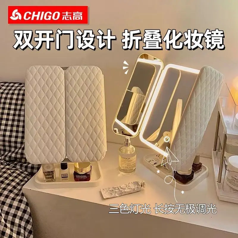 LED Lighted Trifold Folding Makeup Mirror | Double-Door Desktop Lighted Makeup Mirror QXL