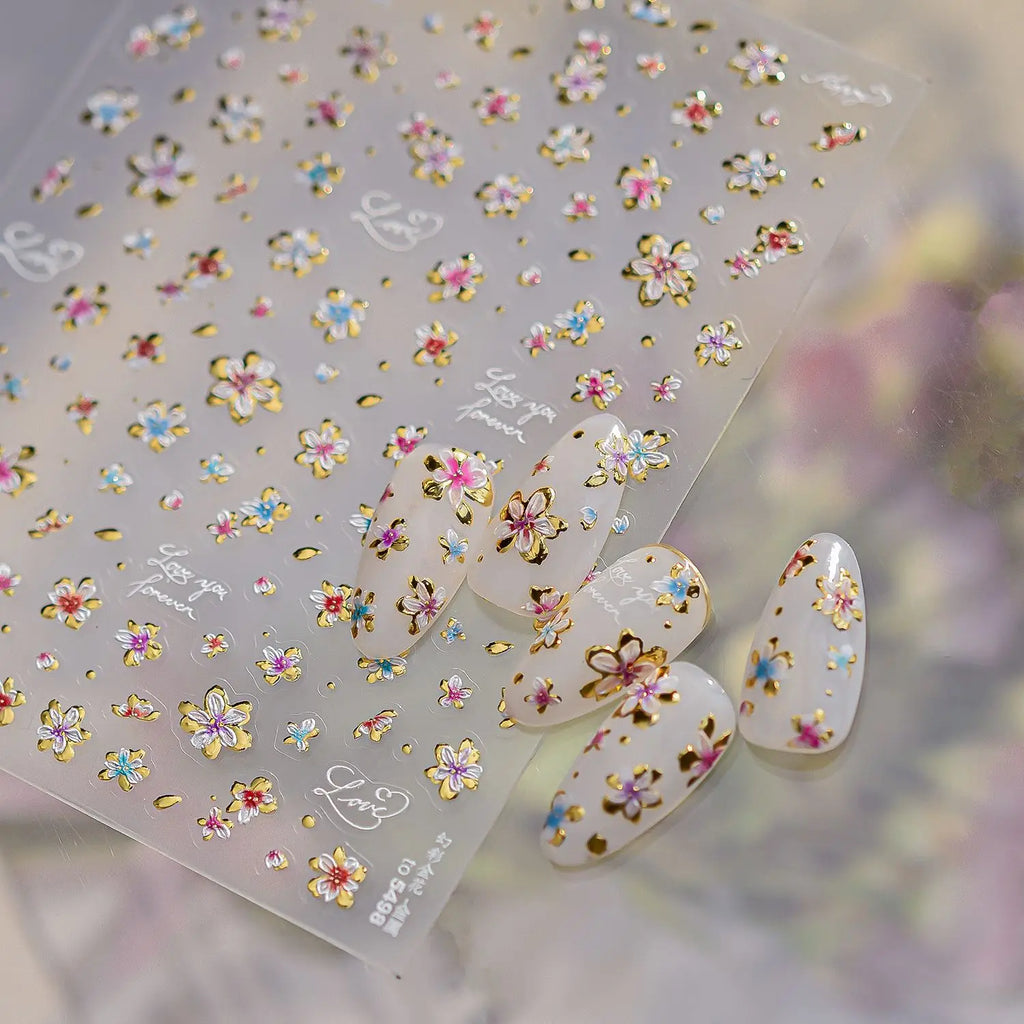 5D Floral Nail Stickers – Pink Blue Gradient & Gold Decals Nail Art Stickers QXL
