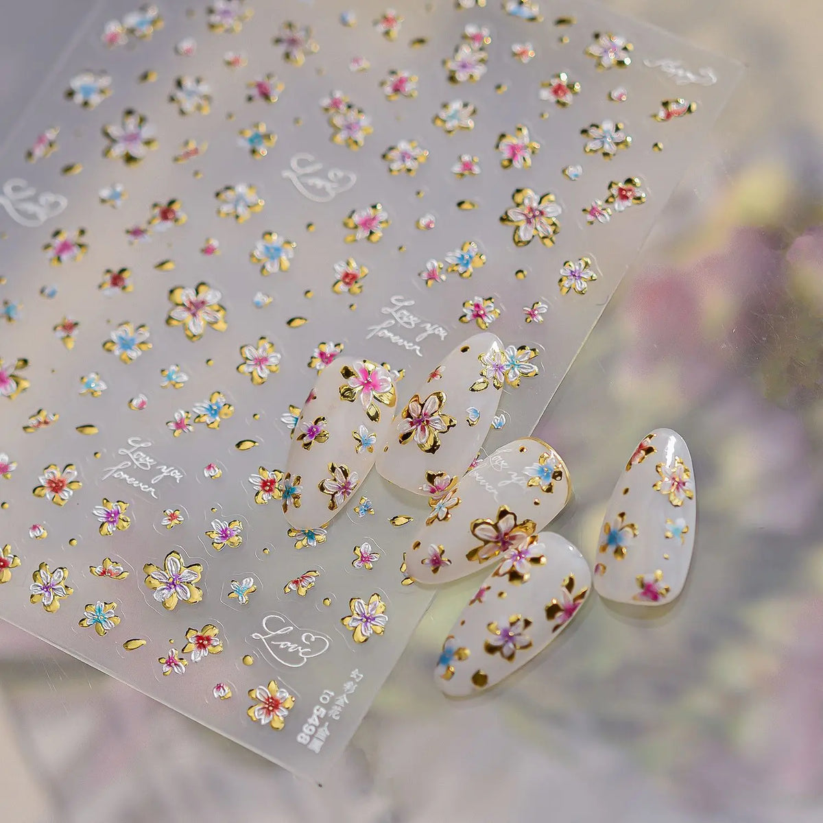 5D Floral Nail Stickers – Pink Blue Gradient & Gold Decals Nail Art Stickers QXL