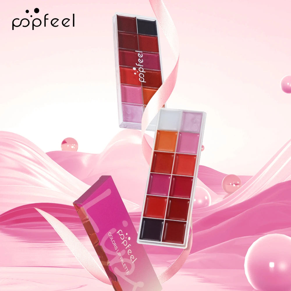 POPFEEL 12-Color Lipstick Palette | Shimmer Lip Gloss & Cheek Tint Lipstick Palette QXL