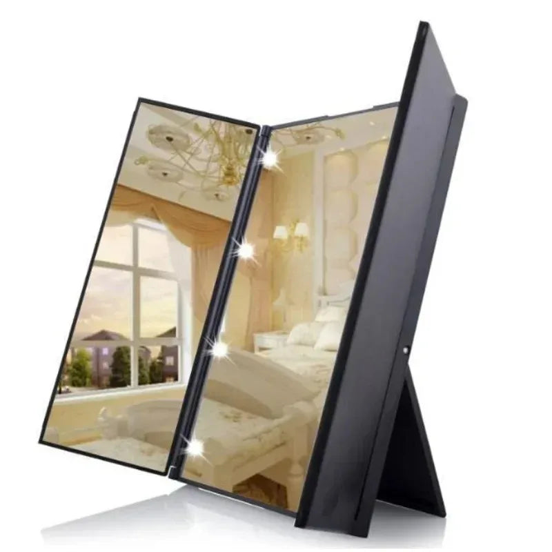 Portable LED Three-Sided Folding Makeup Mirror with Light Lighted Makeup Mirror QXL