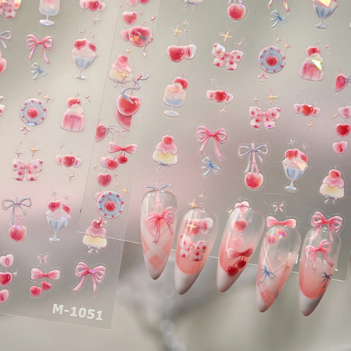 5D Nail Stickers Y2K Cherry Bow Sakura Glitter Decals | NAILFYOU Nail Art Stickers QXL
