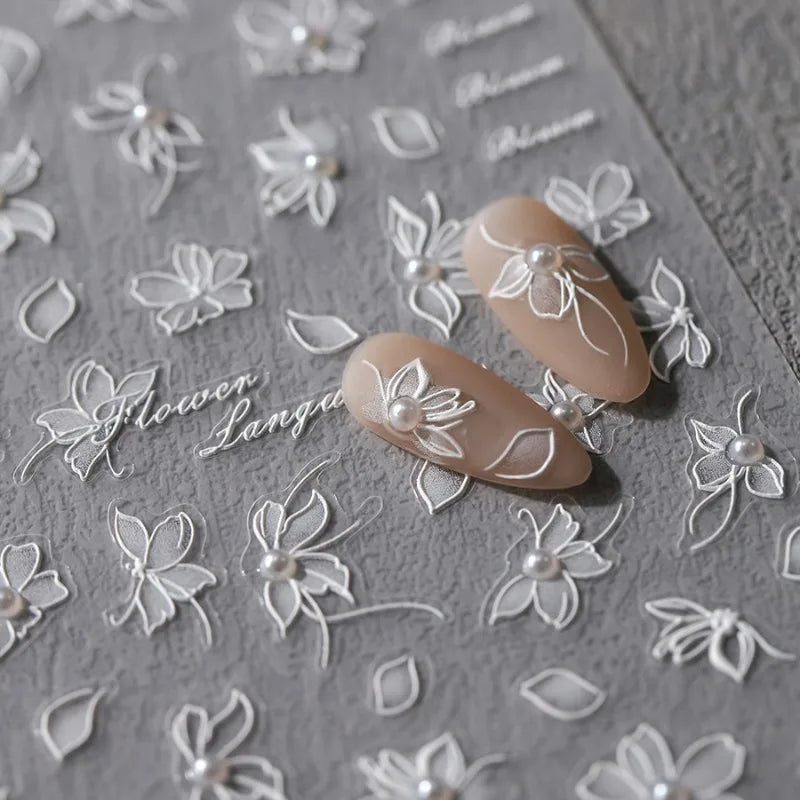 White Lace Pearl Nail Stickers | French Floral Decals 1 Sheet Nail Art Stickers QXL